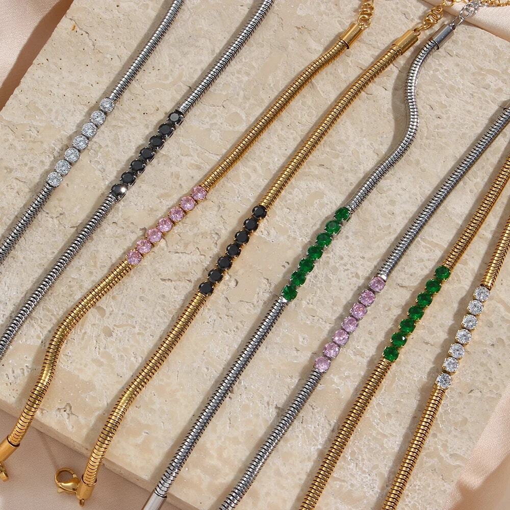 Emerald Green Zircon Snake chain Bracelet 18K Gold Plated Stainless Steel - Picture 6 of 9